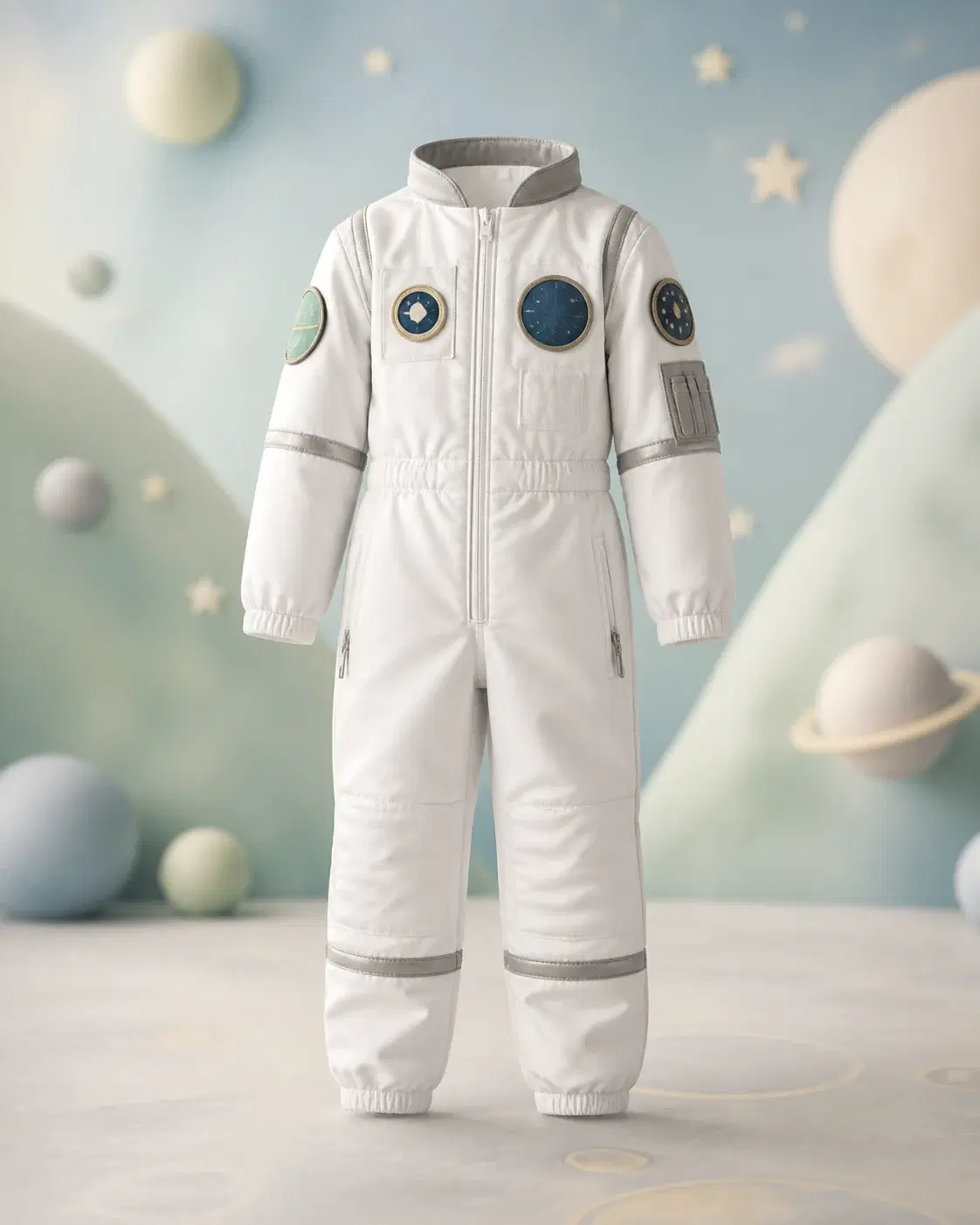 Mono de astronauta infantil sobre un fondo espacial pastel, fotografía de catálogo · vista frontal