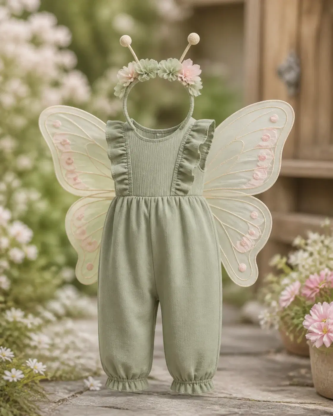 Alas de mariposa infantil sobre un jardín pastel desenfocado, fotografía de catálogo · vista frontal