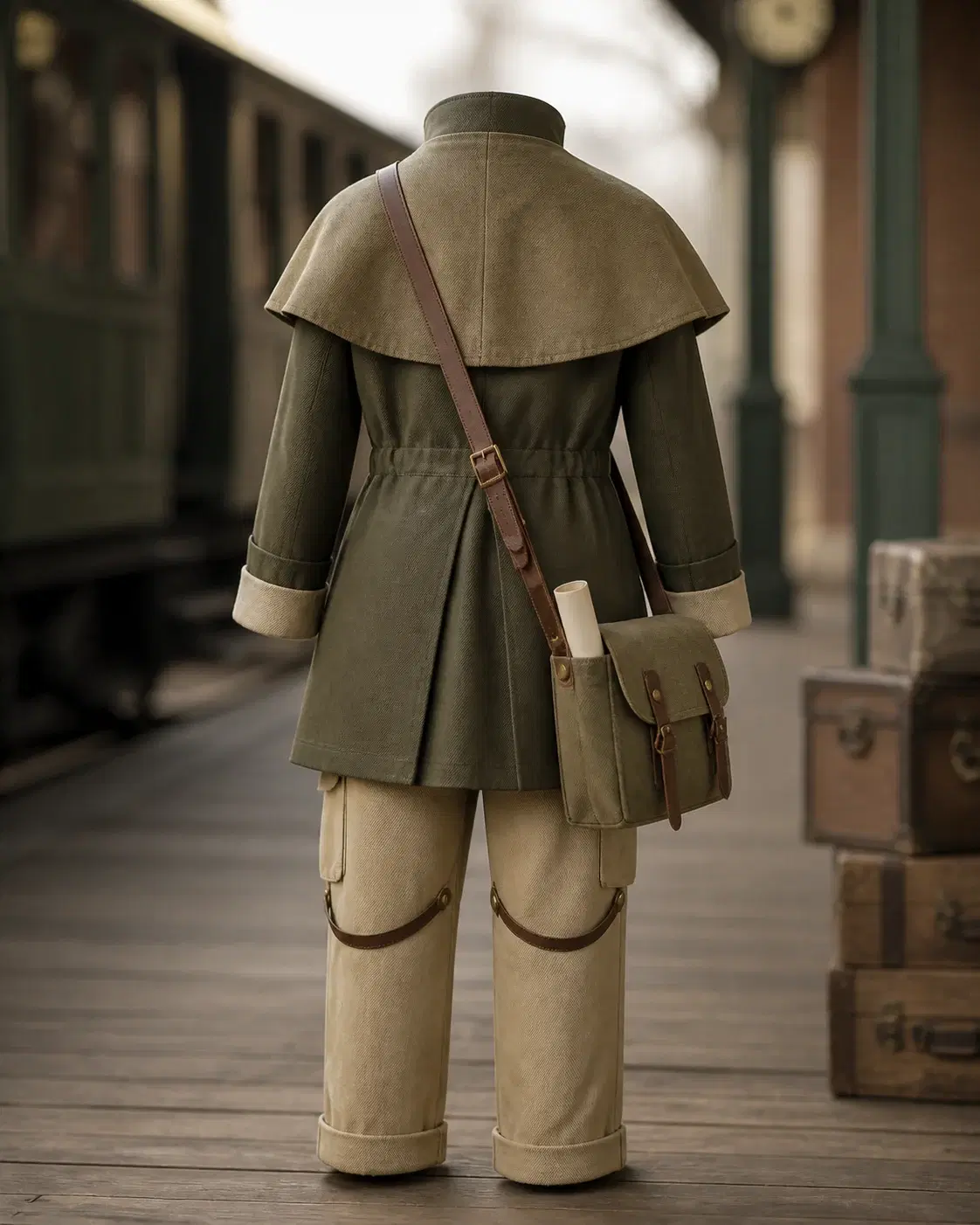 Vestuario de exploradora infantil frente a un escenario histórico, fotografía de catálogo · vista posterior