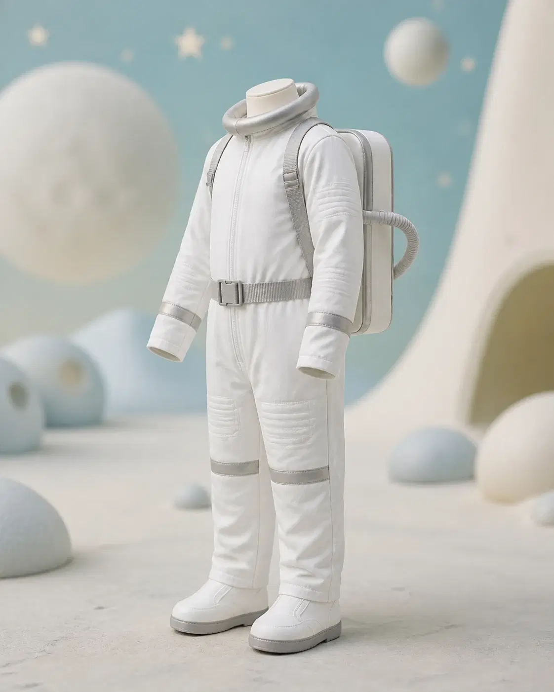Mono de astronauta infantil sobre un fondo espacial pastel, fotografía de catálogo · vista posterior