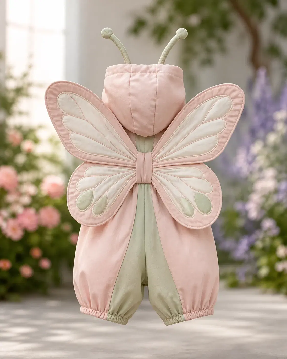 Alas de mariposa infantil sobre un jardín pastel desenfocado, fotografía de catálogo · vista posterior