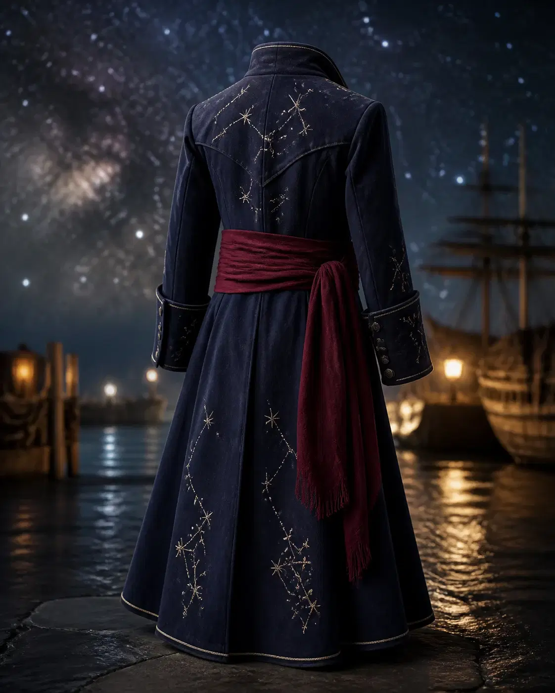 Abrigo de pirata infantil con un cielo estrellado desenfocado, fotografía de catálogo · vista posterior