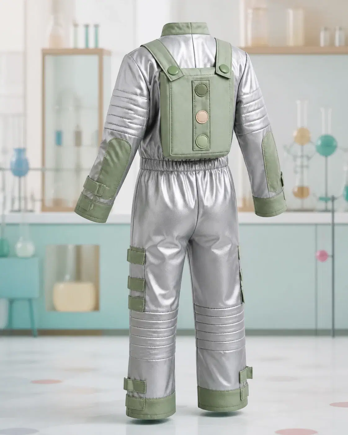Disfraz de robot infantil en un laboratorio pastel, fotografía de catálogo · vista posterior