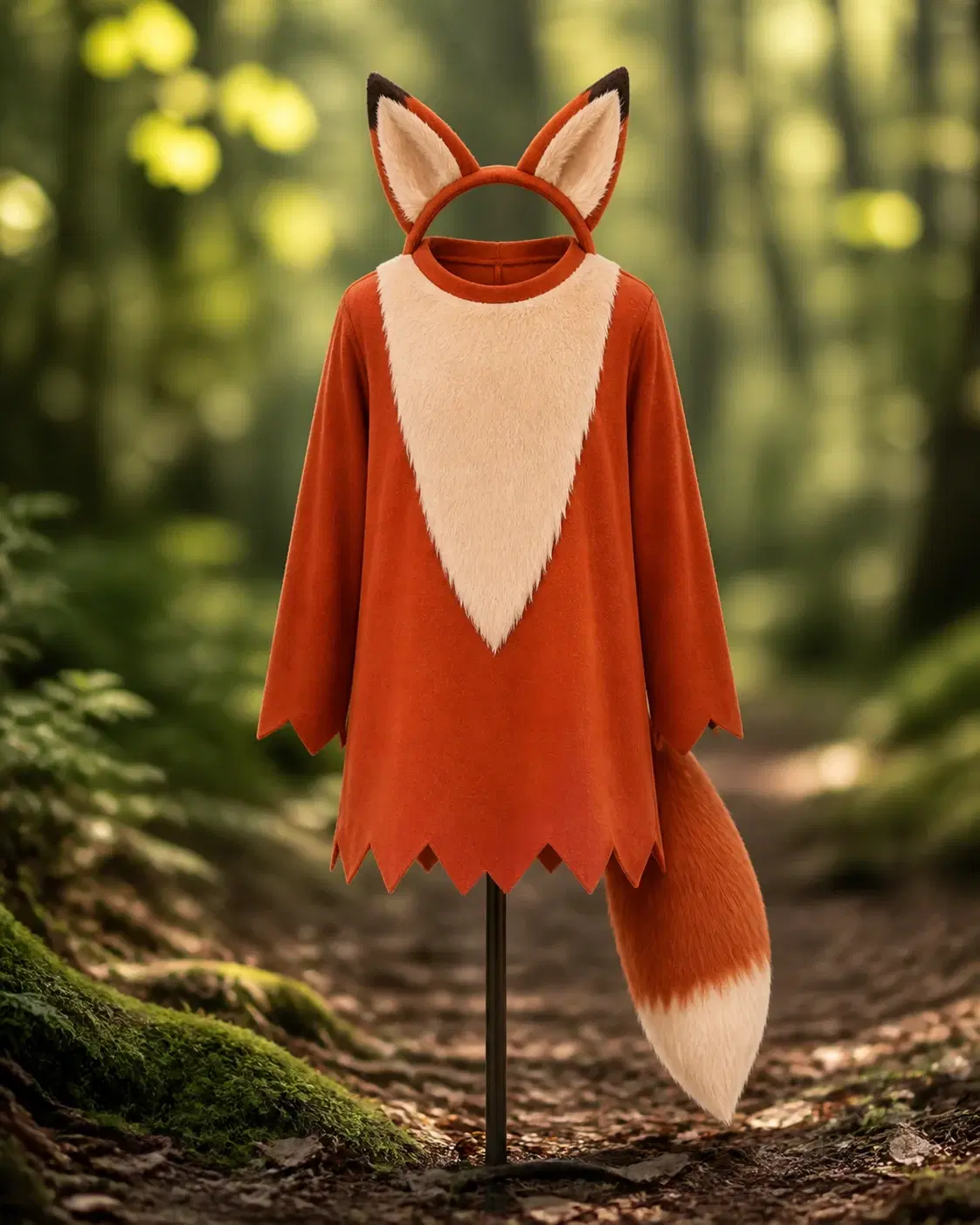 Disfraz de zorro infantil sobre un fondo de bosque desenfocado, fotografía de catálogo · vista frontal